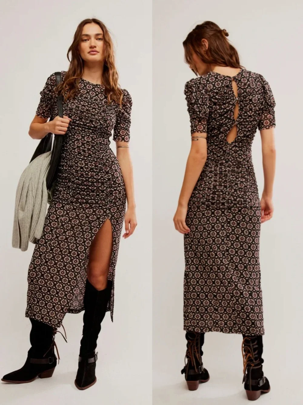 NWT Free People Briella Ruched Black‎ Purple Floral Combo Mesh Boho Midi Dress